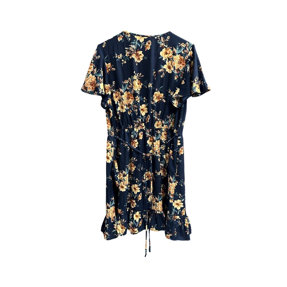 Xhilaration Blue Yellow Floral Mini Dress Ruffle Hem Flutter Sleeve Pockets L - Picture 9 of 14